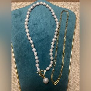 Gray freshwater pearls & paperclip necklace. Detachable pendant.Handmade & new.